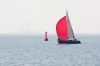 Auenweser: Ein Segler passiert eine Backbordtonne, im Hintergrund der Wilhelmshavener lhafen