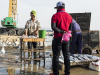 Ein Kunde wartet, dass sein Fisch verkaufsfertig gemacht wird, Essaouira, Marokko